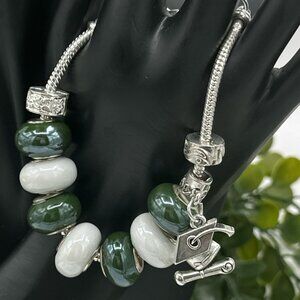 Pandora Style MSU Colligate Green/White Bracelet with Graduation Cap, NWOT